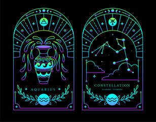 Set of Modern magic fluorescent witchcraft cards with astrology Aquarius zodiac sign characteristic. Vector illustration - 784707691
