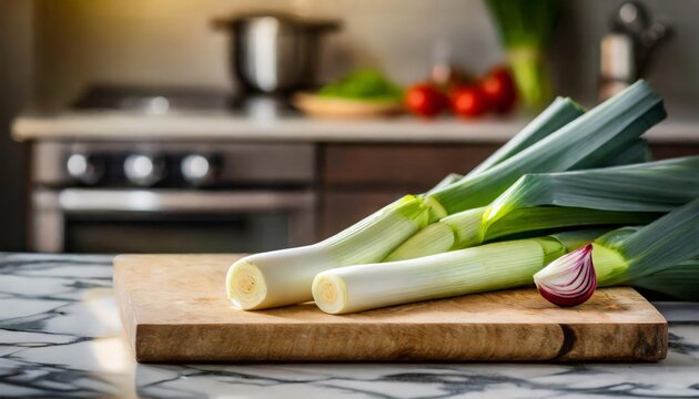 A selection of fresh vegetable: leek, sitting on a chopping board against blurred kitchen background; copy space