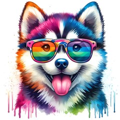 Fototapeta premium Cartoon Siberian Husky Dog: Abstract Watercolor Painting with Colorful Details and Sunglasses, Perfect for T-shirt Prints or High-Quality Wall Art.