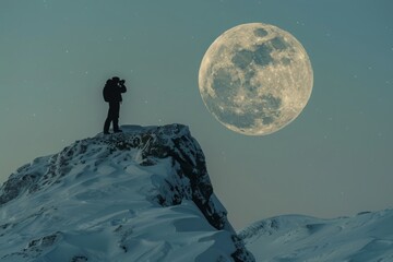 The mountaineer man stands on top of the peak in front of the full moon.