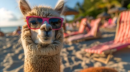 Fototapeta premium Beach-Chill Alpaca: Sunglasses and Sand Vibes. Concept Beach Setup, Alpaca Photoshoot, Sunglasses, Sand Vibes