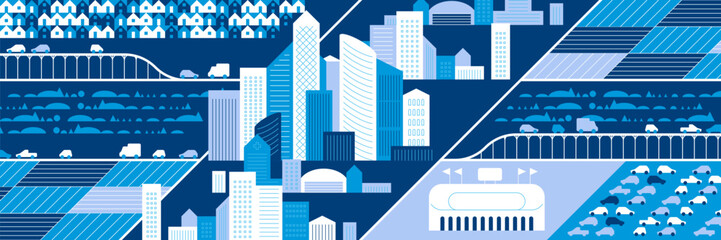 Cityscape panorama. Megapolis city view. Smart city. Urban landscape with many building. Collection of houses, skyscrapers, buildings, supermarkets with streets and traffic. Vector illustration - 784708075