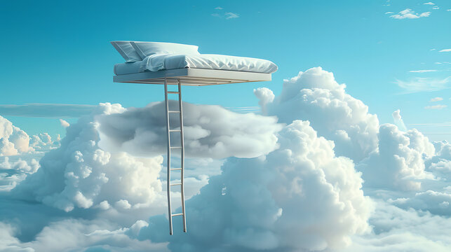 Surreal floating bed on a cloud with ladder against a blue sky, symbolizing peace, dream, and relaxation.