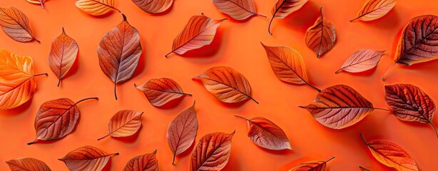 Creative layout with leaves on a bright orange background and an orange - obrazy, fototapety, plakaty