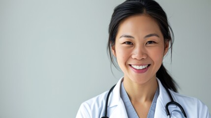 Professional allure: An Asian woman in a white medical coat smiles, projecting confidence and warmth against a gray background.