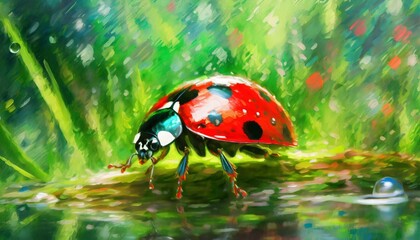 Realistic representation ladybug amidst nature, airbrush technique, alcohol droplets, dynamic, lifelike, atmospheric. AI Generated