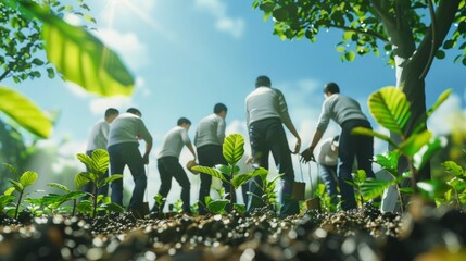 Businessmen and community together planting trees for sustainable development goals. company or businesses and corporations that care about the environment and ecosystem in greenery company. Ai - obrazy, fototapety, plakaty