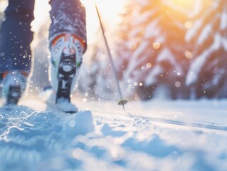 Close up of person skiing in nature with blurred background, ideal for text placement 