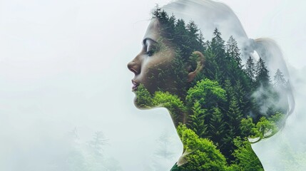 Concept of environment caring devotion, business sustainability and global warming protection shown by woman and green forest double exposure image hyper realistic 