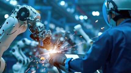 In an industrial environment, a robotic arm expertly executes welding tasks, symbolizing technological progress.