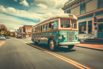 A vintage bus driving through a historic town. The bus's retro design and vibrant colors make it a charming mode of transportation