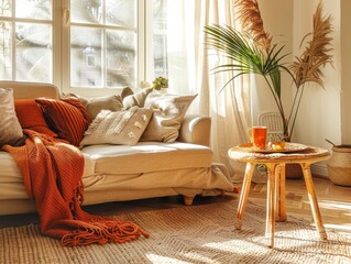 Cozy living room with soft, inviting couches bathed in warm sunlight streaming through the window 