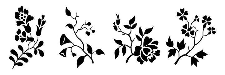 Vintage retro romantic flowers set. Template, pattern, symbol, sign, icon, silhouette, tattoo. Black stamp.