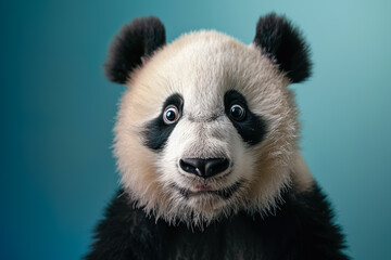 A baby panda with a surprised expression on its face
