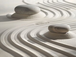 Delicate sand ripples in soothing gray tones offer a Zen garden's tranquility and balance 