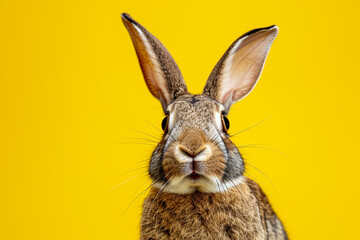 A rabbit is standing in front of a yellow background
