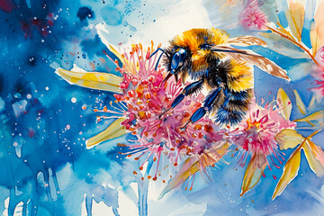 A painting of a bee on a flower - obrazy, fototapety, plakaty