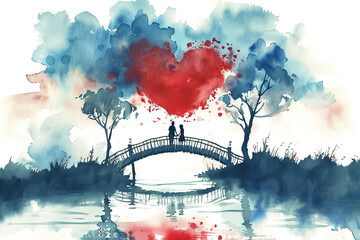 A painting of a bridge with a couple walking across it and a heart in the middle