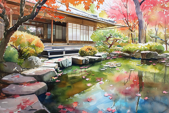 A painting of a pond with a house in the background