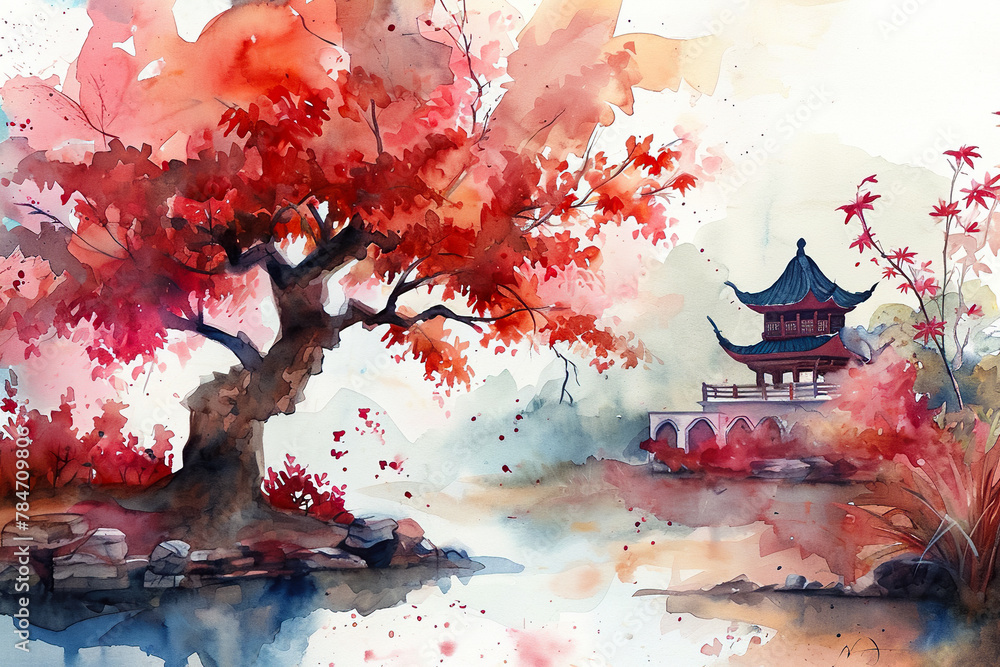 Poster a painting of a tree with red leaves and a building in the background