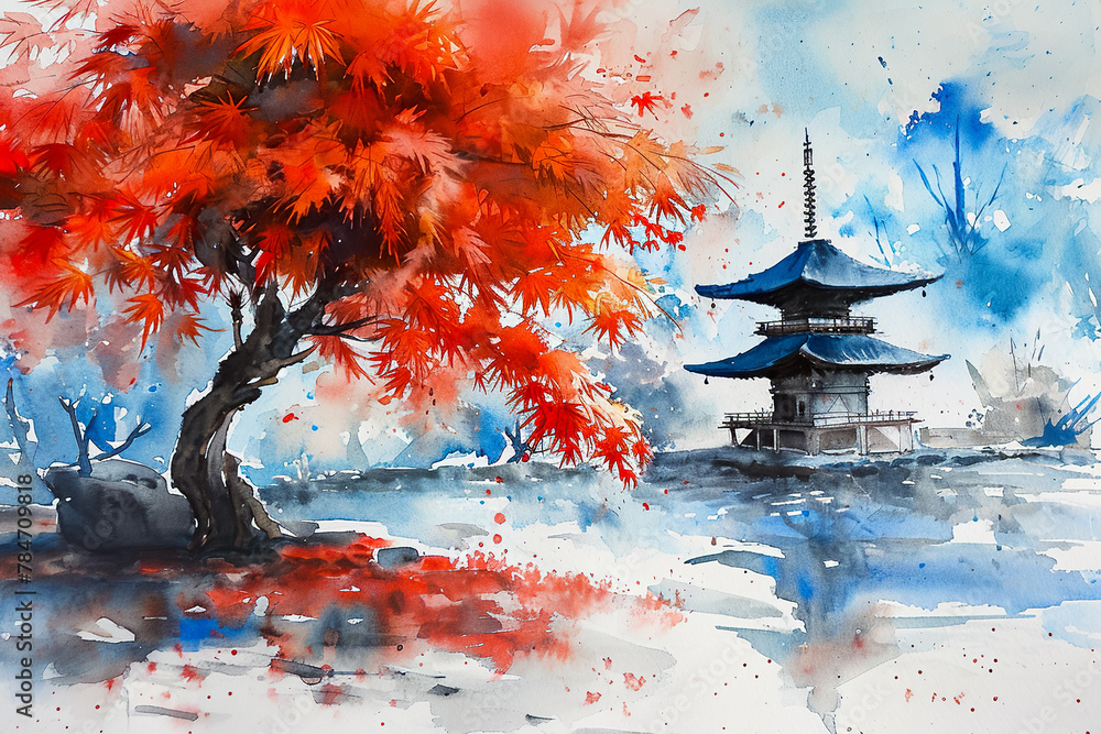 Poster a painting of a tree with red leaves and a building in the background