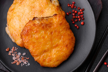 Delicious meat fried with Dijon mustard with salt, spices and herbs