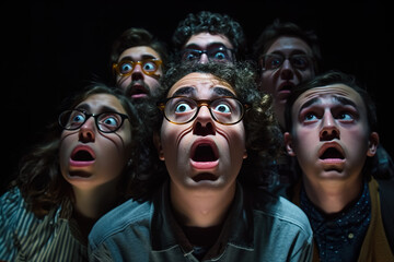 A group of people are staring at something, with some of them wearing glasses