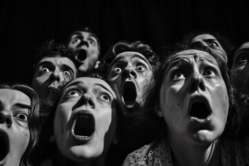 A group of people are looking up at something, with their mouths wide open