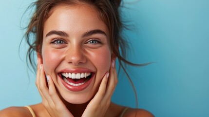 With a beaming smile, the girl reveals her flawless, gleaming teeth, exuding confidence and happiness.