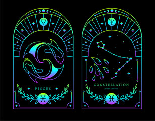 Set of Modern magic fluorescent witchcraft cards with astrology Pisces zodiac sign characteristic. Vector illustration