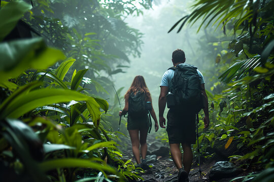 A man and woman are walking through a jungle, both wearing backpacks