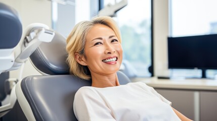 Confident visit: An Asian woman smiles, radiating dental confidence and a joyful smile with beautiful teeth in a dentist's chair.
