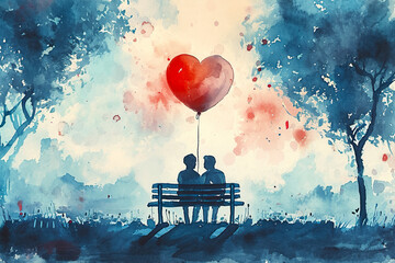 Valentine's day love concept. Couple sitting on a bench in a park. Watercolor illustration