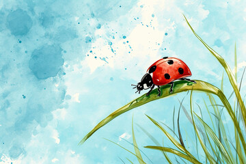 A ladybug is on a green leaf