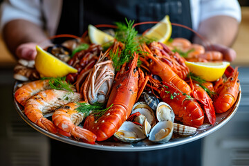 A chef is holding a plate of seafood, including shrimp, scallops, and oysters