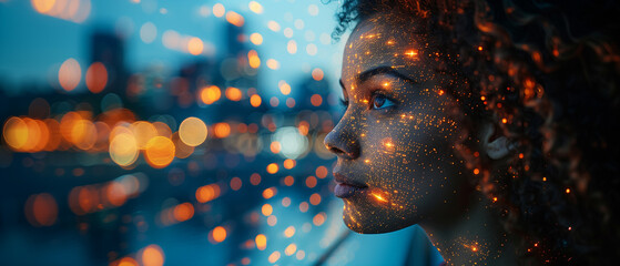 Data streams flow through the silhouette of a businesswoman, symbolizing the integration of big data analytics into market research