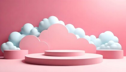 Background-podium-pink-3d-product-sky-platform-display-cloud-pastel-scene-render-stand--Pink-podium-stage-minimal-abstract-background-beauty-dreamy-space-studio-pedestal-smoke-showcase-geometric--
