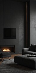 Contemporary home, sleek dark living room design with blank wall mock up, digitally created