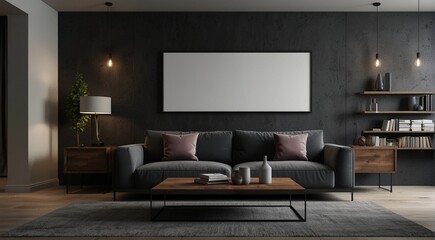 Contemporary home, sleek dark living room design with blank wall mock up, digitally created
