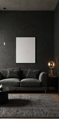Contemporary home, sleek dark living room design with blank wall mock up, digitally created