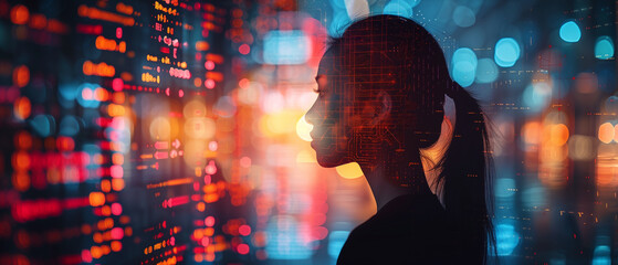 Data streams flow through the silhouette of a businesswoman, symbolizing the integration of big data analytics into market research