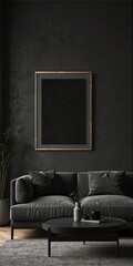 Contemporary home, sleek dark living room design with blank wall mock up, digitally created