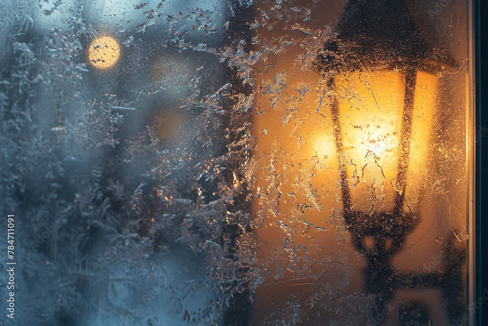 Poster a frosted window with a light shining through it