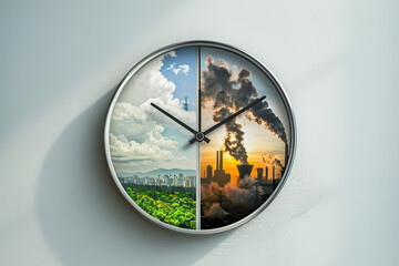 Fototapeta na wymiar A clock with two faces, one showing a clear blue sky