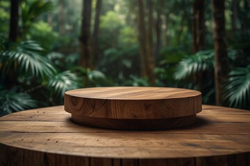 Wooden podium in the rainforest for product presentation. 3D rendering
