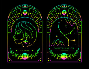 Set of Modern magic fluorescent witchcraft cards with astrology Virgo zodiac sign characteristic. Vector illustration - 784711052