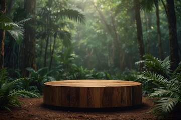 Wooden podium in the rainforest for product presentation. 3D rendering