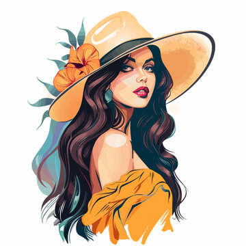 Beautiful young woman in hat and orange blouse. Vector illustration.