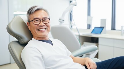Bright and happy: An Asian man with stunning teeth sits in a dentist's chair, smiling joyfully, projecting dental health and confidence.