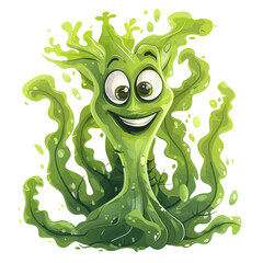 Cartoon funny green seaweed monster. Vector illustration isolated on white background.